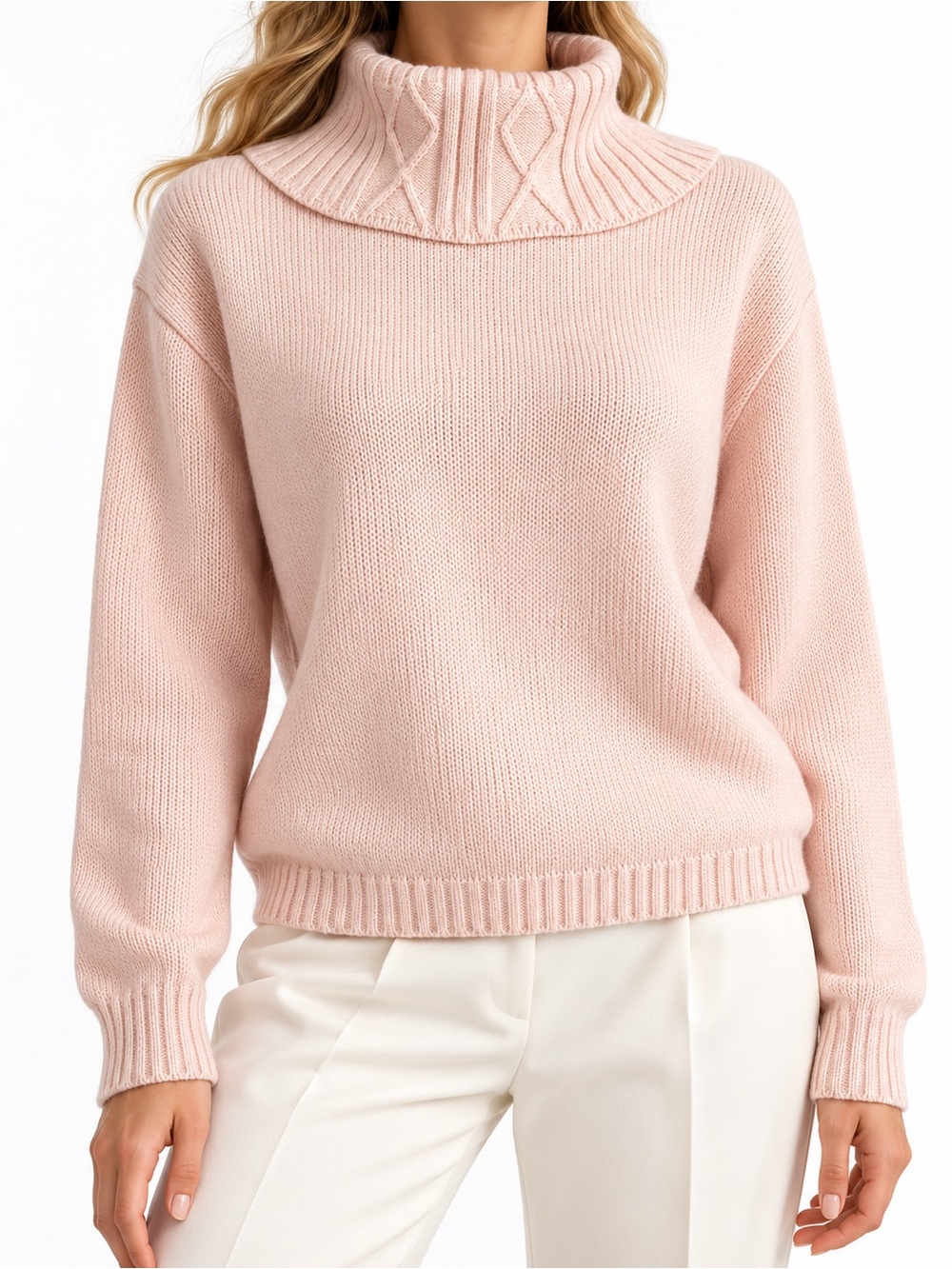 Blush Pink Merino Blend Cable Collar Turtleneck Après Ski Sweater Medium